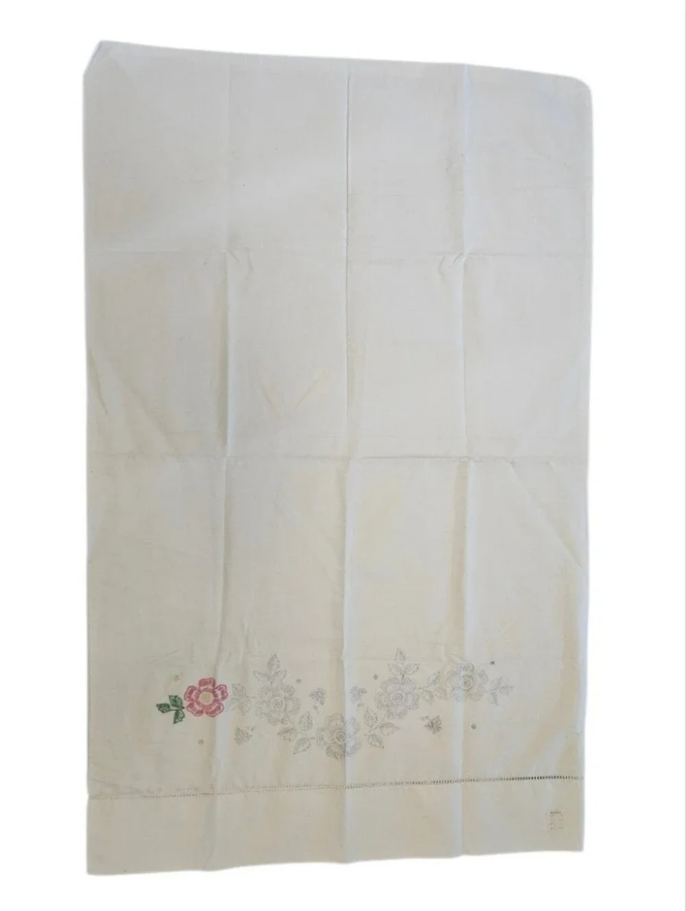 Vintage White Penny's Floral Hand Embroidered Pillow Case Unfinished